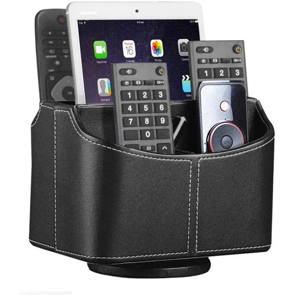 360-Degree Rotating PU Leather Remote Control Holder & Desk Organizer
