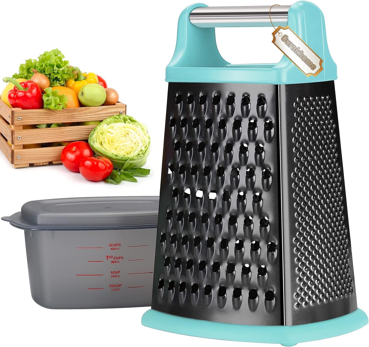 Cheese Grater with Handle, Stainless Steel Box Grater(Teal Black)