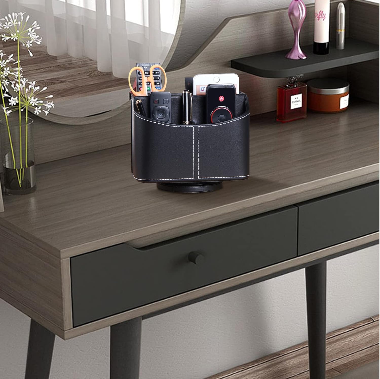 360-Degree Rotating PU Leather Remote Control Holder & Desk Organizer